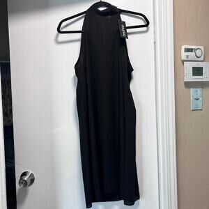 ✨Boohoo Black Sleeveless Shift Dress Size 14 Bow Tie Back Sheer Panel NWT